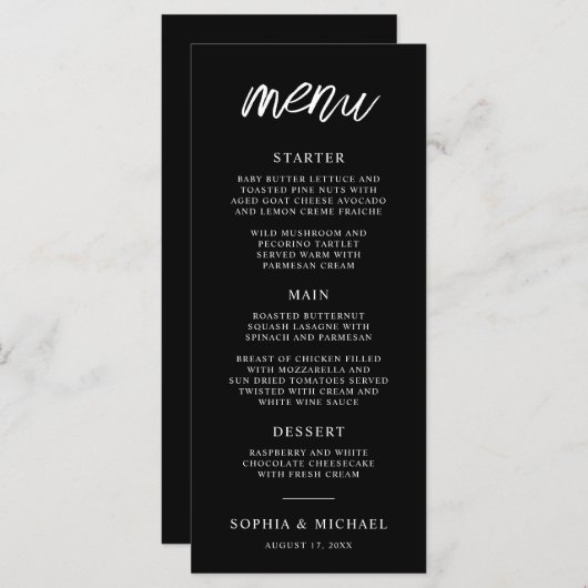 Stilvolle zeitgenössische Schwarz-weiße Hochzeit Menükarte (Vorne/Hinten)