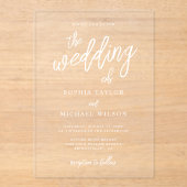 Stilvolle zeitgenössische Script White Wedding Acryleinladungen (Vorderseite)