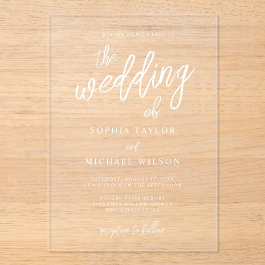 Stilvolle zeitgenössische Script White Wedding Acryleinladungen (Vorderseite)