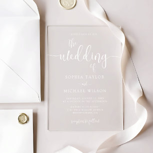 Stilvolle zeitgenössische Script White Wedding Acryleinladungen