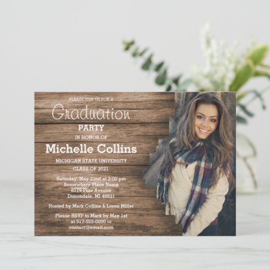 Stilvoller Abschluss aus Holz Einladung (Stehend Vorderseite)