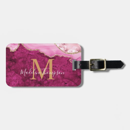 Stilvoller Achat-Geode Rosa Magenta Monogramm Gepäckanhänger (Vorderseite horizontal)