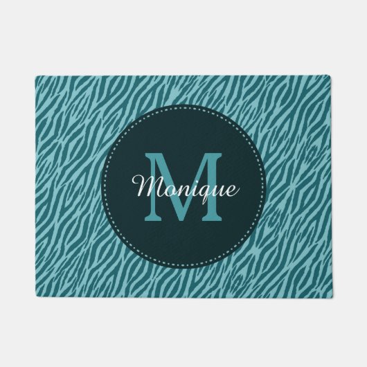Stilvoller aquamariner Zebra-Druck mit Monogramm Fußmatte (Vorderseite)