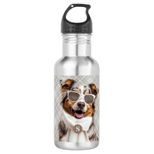Stilvoller Australian Shepherd Hund und Karomuster Edelstahlflasche