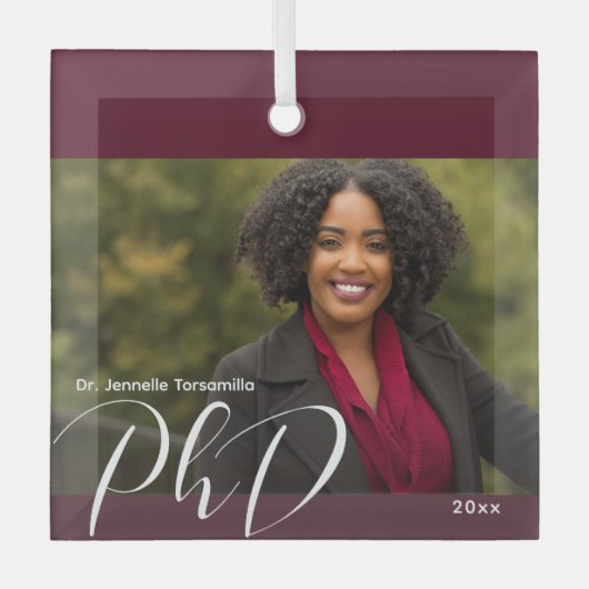Stilvoller Burgundy Foto PhD Abschluss Ornament Aus Glas (Vorderseite)