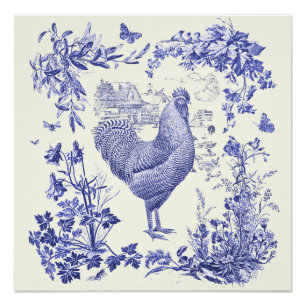 Stilvoller eleganter Vintage-Hahn, blaues Blumen-T Poster