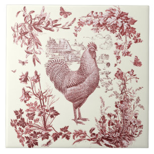 Stilvoller Eleganter Vintage-Hahn Rot Floral Toile Fliese