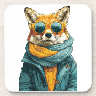 Stilvoller Fuchs mit Sonnenbrille und Strickschal Getränkeuntersetzer