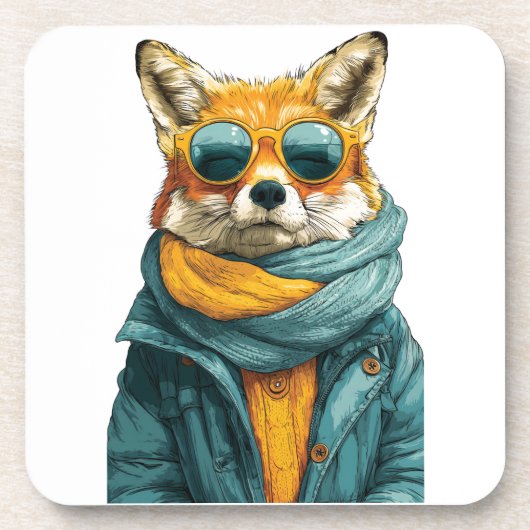 Stilvoller Fuchs mit Sonnenbrille und Strickschal Getränkeuntersetzer (Vorderseite)
