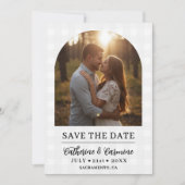 Stilvoller Gingham-Hochzeitsfoto-Torbogen zur Verl Save The Date (Vorderseite)