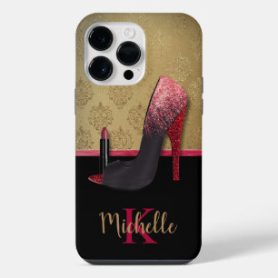 Stilvoller Glitter-Absatz, Lippenstift und Monogra iPhone 14 Pro Max Hülle