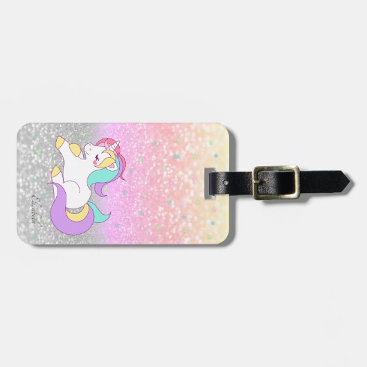 Stilvoller Glitzer Bokeh, Rainbow Unicorn, Sterne Gepäckanhänger (Vorderseite horizontal)
