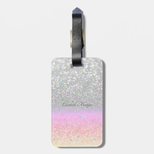 Stilvoller Glitzer Bokeh, Rainbow Unicorn, Sterne Gepäckanhänger (Rückseite vertikal)