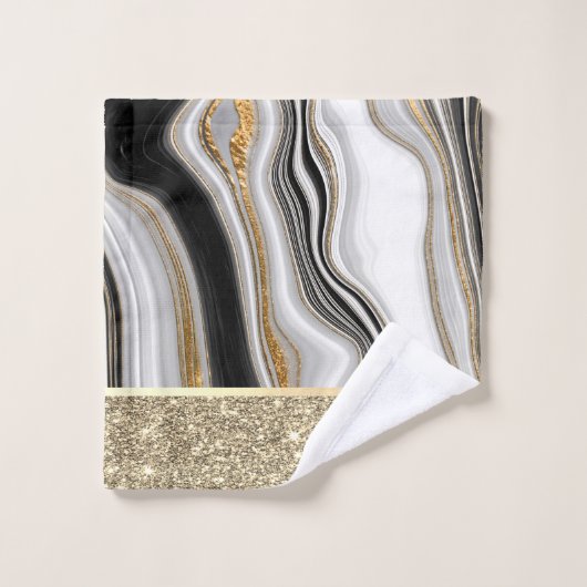 Stilvoller Gold Glitzer Schwarz-weißer Marmor Badhandtuch Set (Waschlappen)