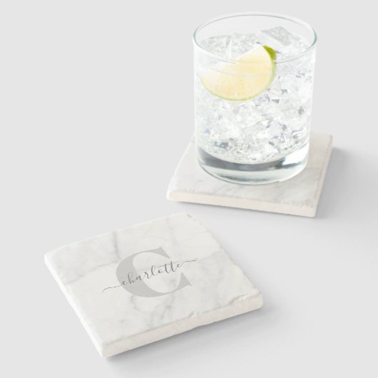 Stilvoller Graumarmor Personalisiert Mit Monogramm Steinuntersetzer (Seitenansicht)