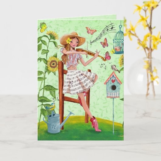 Stilvoller grüner Musikmädchen- u. -violinensommer Karte (Gelbe Blume)