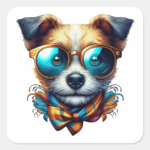Stilvoller Hund mit Brille Buntes modernes Haustie Quadratischer Aufkleber