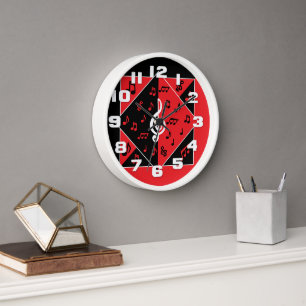 Stilvoller Kunst-Deko-Musiknoten-rotes Uhr