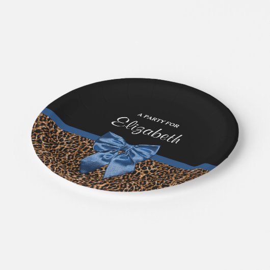 Stilvoller Leopard-Druck-eleganter blauer Bogen Pappteller (Schrägansicht)