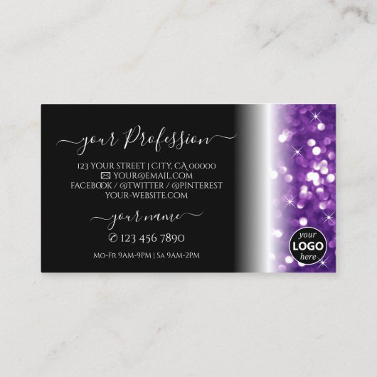 Stilvoller Lila schwarzer Glitzer mit Logo Visitenkarte (Rückseite)