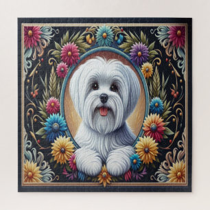 Stilvoller Malteserhund Blumenfarbene Umrandung Puzzle