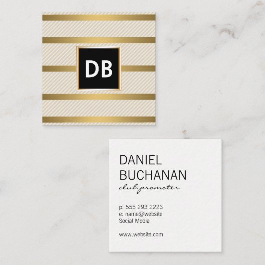 Stilvoller Monogram-Glamour Streifen Golden Quadratische Visitenkarte (Vorne/Hinten)