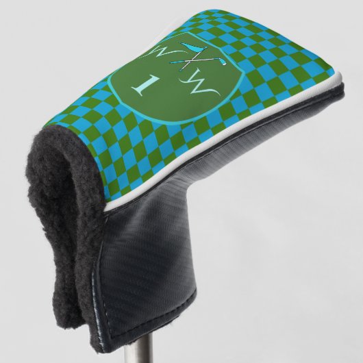 Stilvoller Moosgrün Azure-Blau karierter Monogramm Golf Headcover (3/4 Vorderseite)