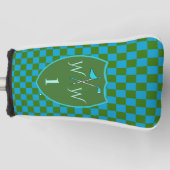 Stilvoller Moosgrün Azure-Blau karierter Monogramm Golf Headcover (Vorderseite)
