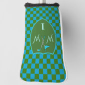 Stilvoller Moosgrün Azure-Blau karierter Monogramm Golf Headcover (Rotieren 90)