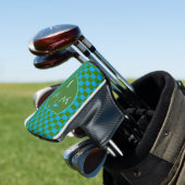 Stilvoller Moosgrün Azure-Blau karierter Monogramm Golf Headcover (In Situ)