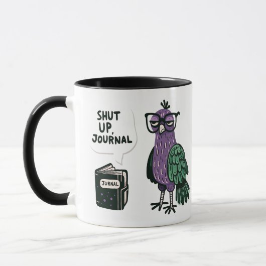 Stilvoller Pfau mit Brille - "Shut Up, Journal" Tasse (Links)