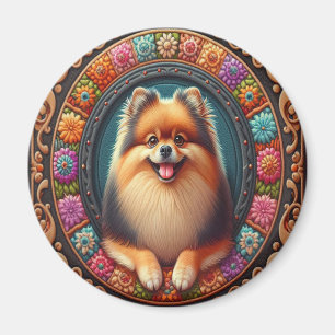 Stilvoller Pomeranian-Hund Blumenfarbene Umrandung Magnet