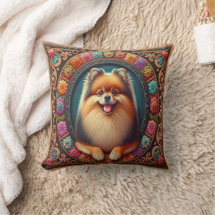 Stilvoller Pomeranian-Hund, florale farbenfrohe Um Kissen