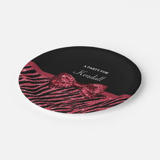 Stilvoller roter Zebra-Druck IMITAT Glitz-Bogen Pappteller (Schrägansicht)