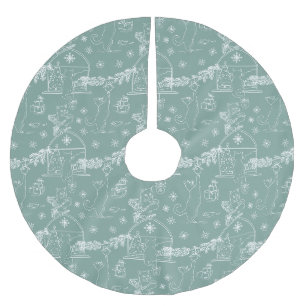 Stilvoller Salbei Handgezeichnete Katzen & Weihnac Polyester Weihnachtsbaumdecke