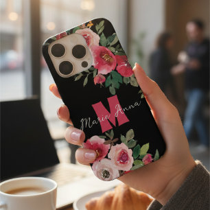 Stilvoller schwarzer und rosa floraler Wasserfarbe iPhone 15 Pro Hülle