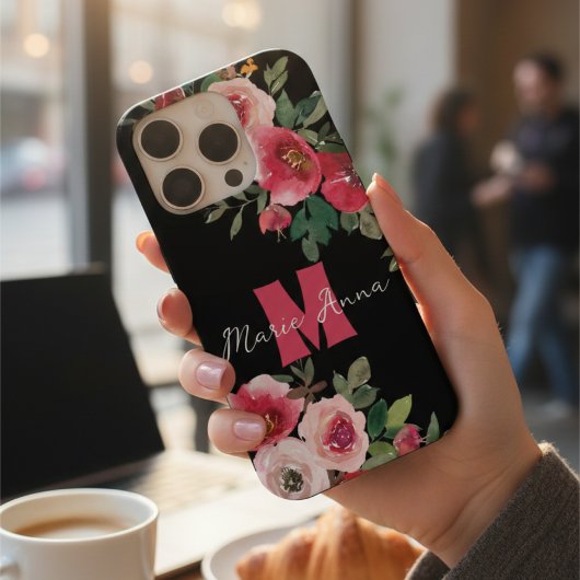 Stilvoller schwarzer und rosa floraler Wasserfarbe iPhone Hülle