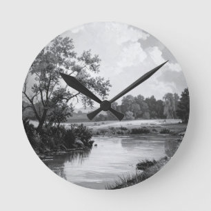 Stilvoller schwarzer und weißer Fluss mit Baum Runde Wanduhr