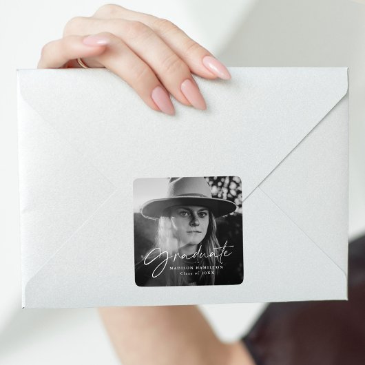 Stilvoller Script-Foto-Abschluss Quadratischer Aufkleber