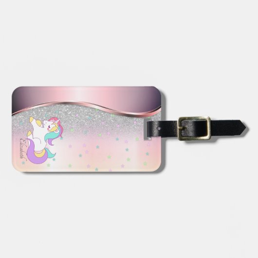 Stilvoller Silberner Glitzer Bokeh, Einhorn, Stern Gepäckanhänger (Vorderseite horizontal)