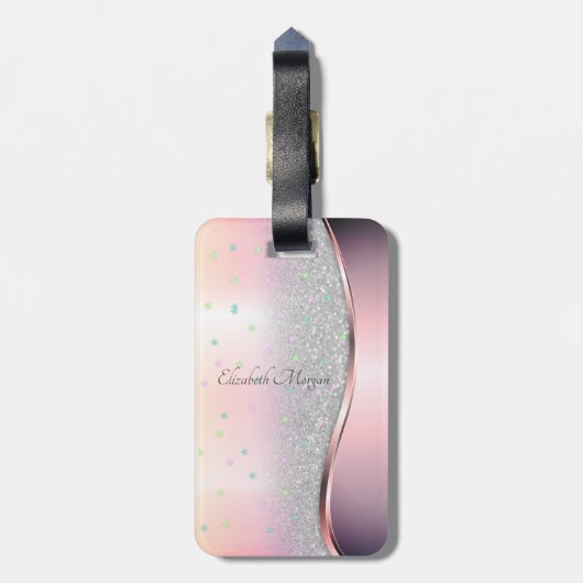 Stilvoller Silberner Glitzer Bokeh, Einhorn, Stern Gepäckanhänger (Rückseite vertikal)