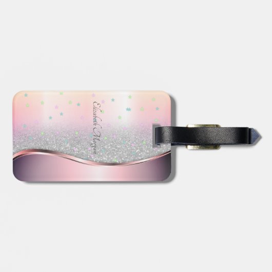 Stilvoller Silberner Glitzer Bokeh, Einhorn, Stern Gepäckanhänger (Rückseite horizontal)