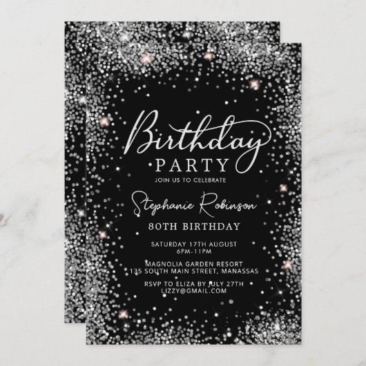Stilvoller Silberner Glitzer und Schwarzer 80. Geb Einladung (Vorne/Hinten)
