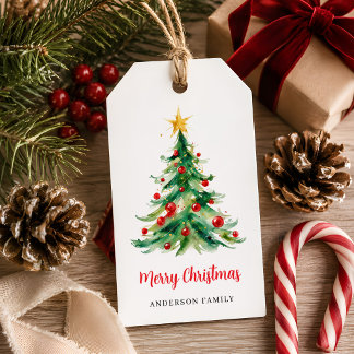 Stilvoller und moderner Wasserfarben-Weihnachtsbau Geschenkanhänger