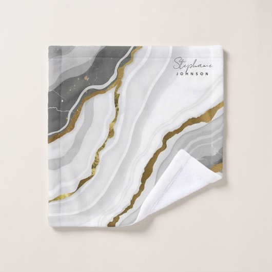 Stilvoller, weißer Marmorgrau Agate Gold Glitzer Badhandtuch Set (Waschlappen)