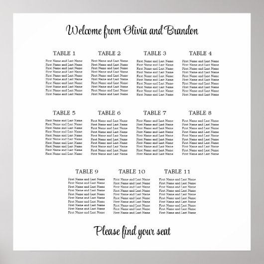 Stilvolles 11 Tisch Hochzeitskartentabelle Poster (Vorne)