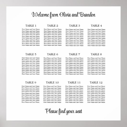 Stilvolles 12 Tisch Hochzeitskartentabelle Poster (Vorne)