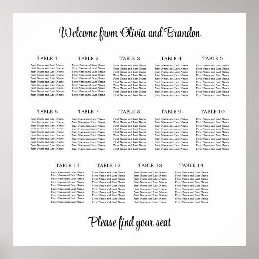 Stilvolles 14 Table Wedding Seating Chart Poster (Vorne)