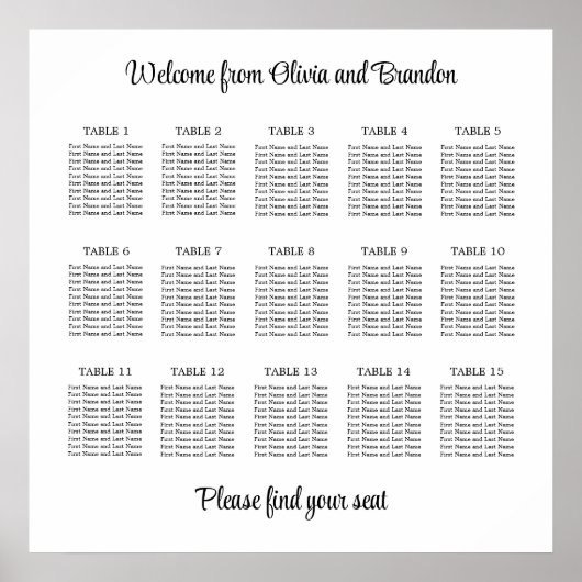 Stilvolles 15 Table Wedding Seating Chart Poster (Vorne)