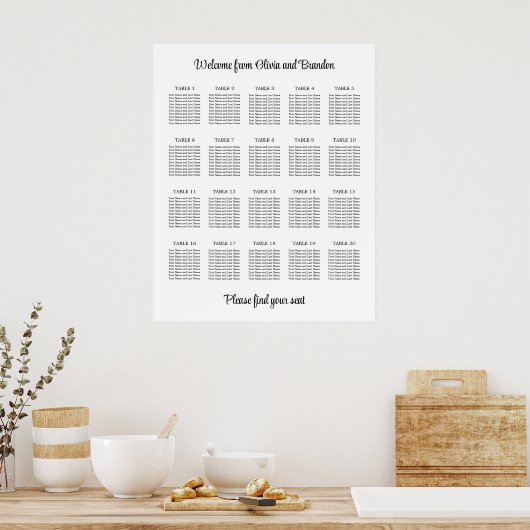 Stilvolles 20 Table Wedding Seating Chart Poster (Küche)